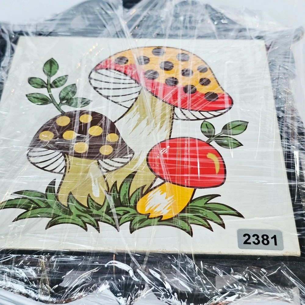 1970 Sears Roebuck Merry Mushroom Trivet Cast Iron Ceramic Tile Wall Decor Retro